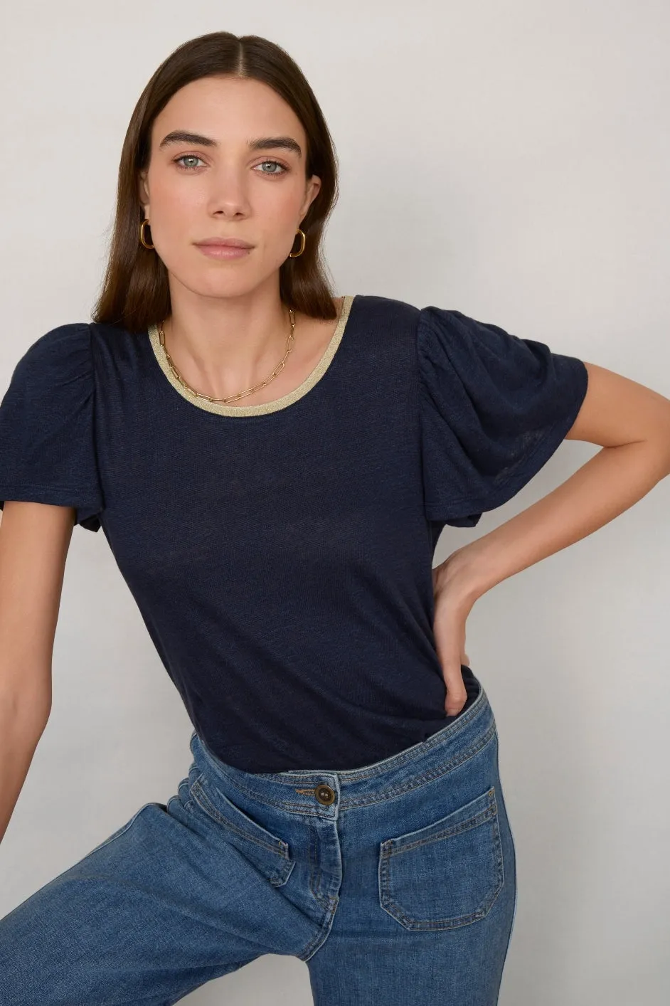 Lily Linen  Round Neck Tee Shirt - Midnight