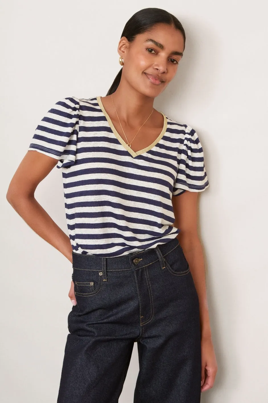 Lily Linen Tee Shirt - Midnight/Ivory Stripe