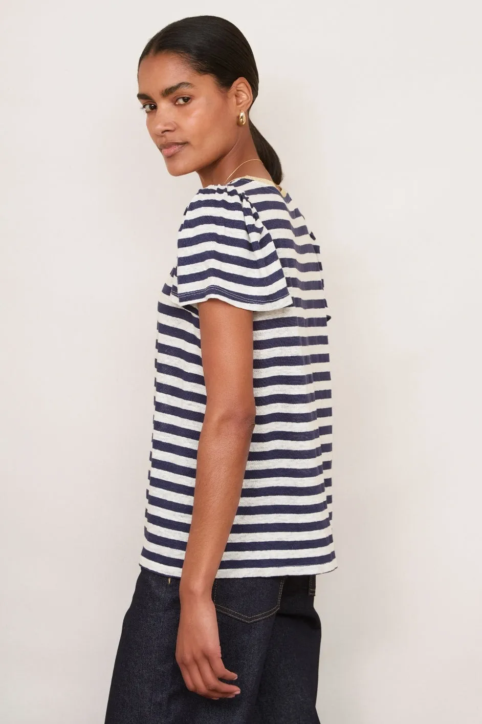 Lily Linen Tee Shirt - Midnight/Ivory Stripe