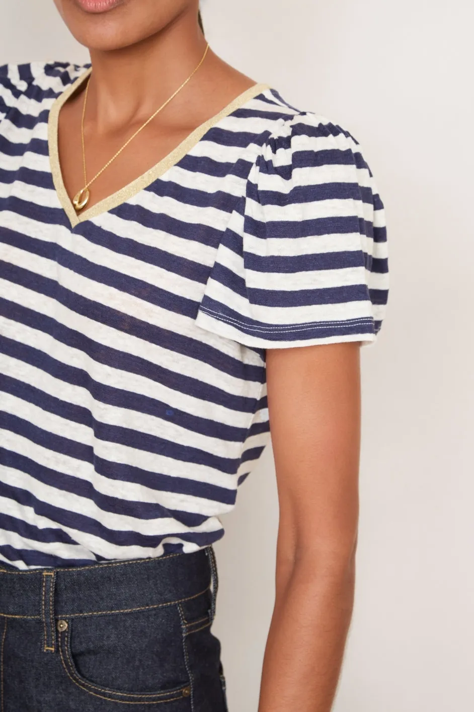 Lily Linen Tee Shirt - Midnight/Ivory Stripe