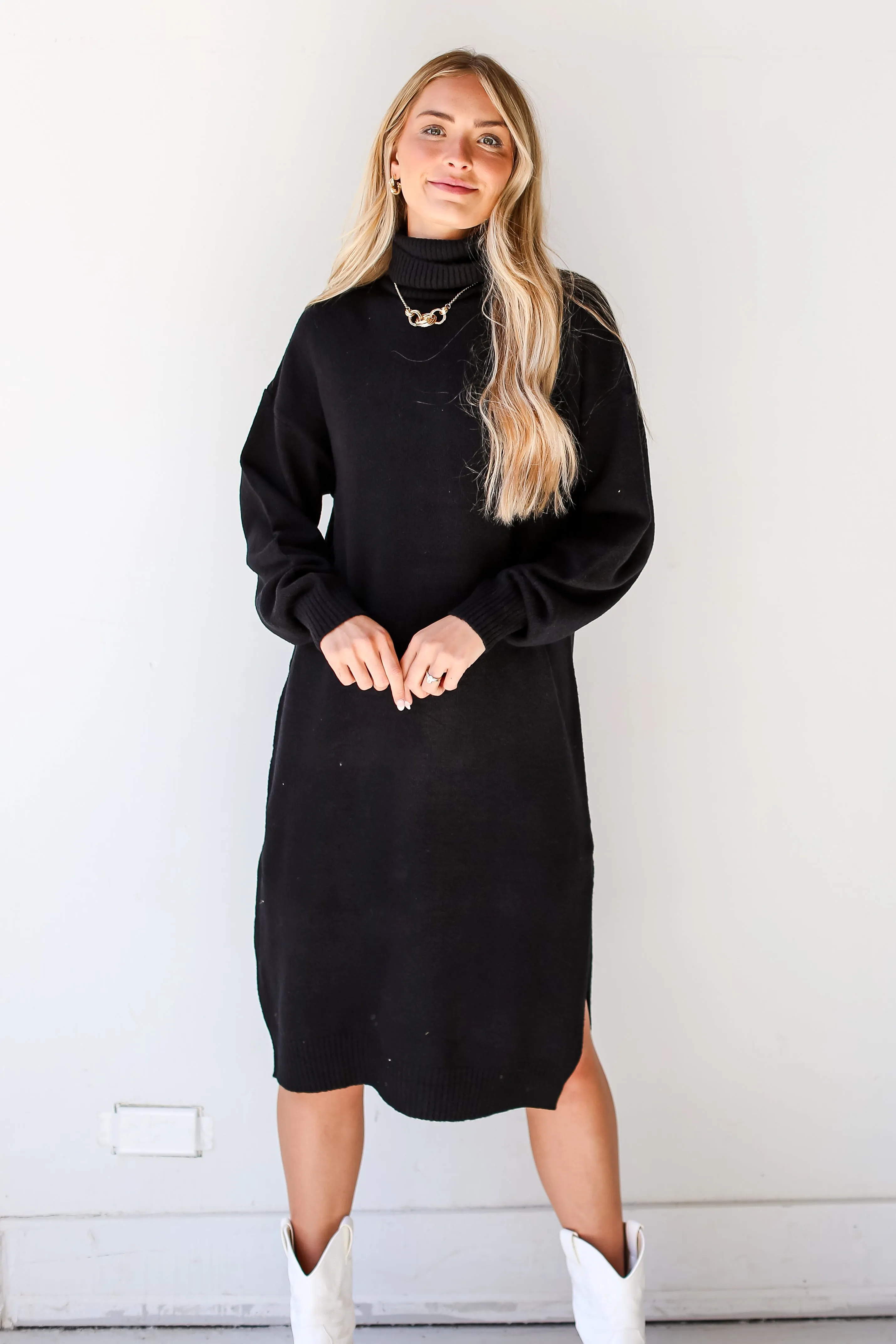 Lovable Charm Black Turtleneck Midi Sweater Dress