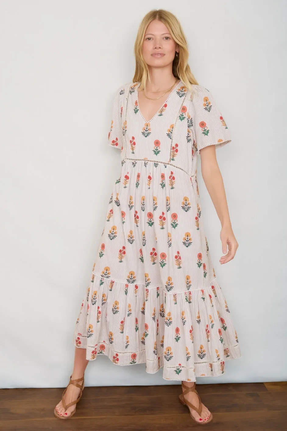 Maggie Dress - Tan Stripe Woodblock Floral