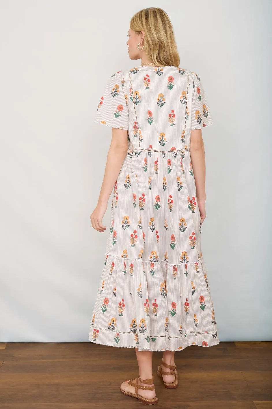 Maggie Dress - Tan Stripe Woodblock Floral