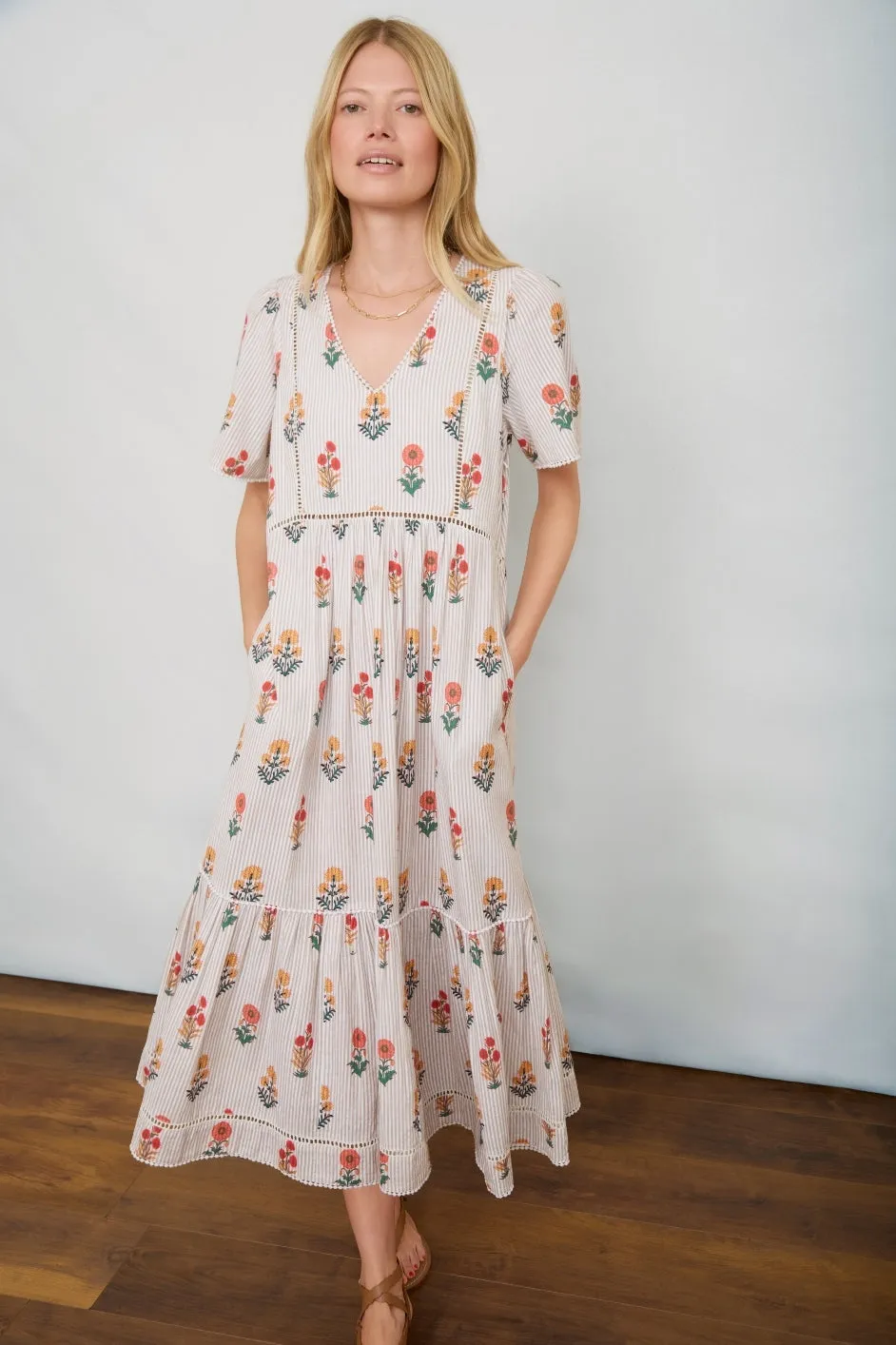 Maggie Dress - Tan Stripe Woodblock Floral