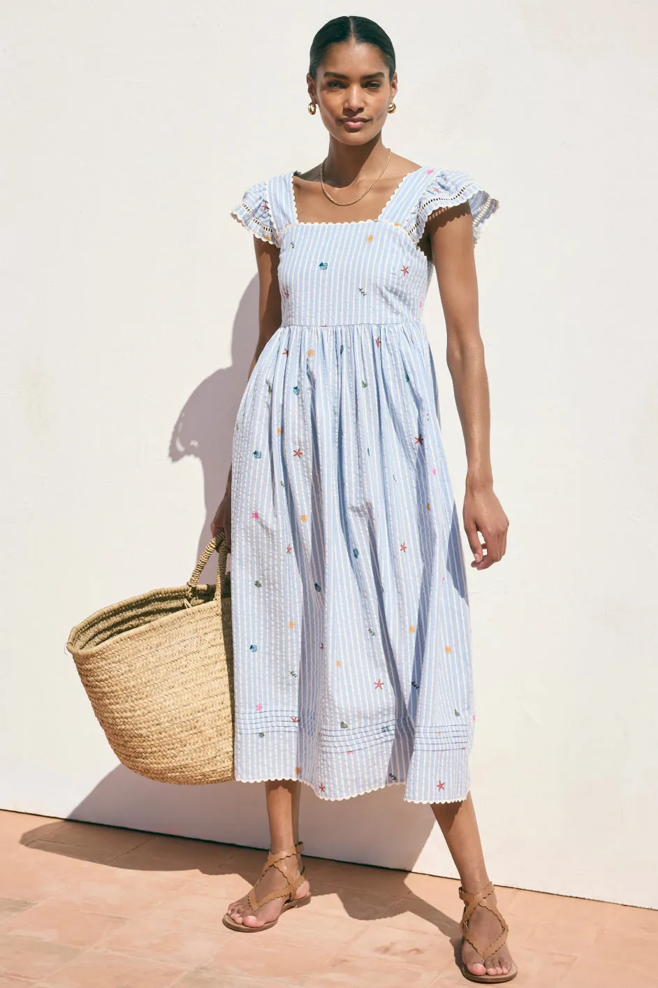 Marisol Dress - Blue Stripe Embroidered