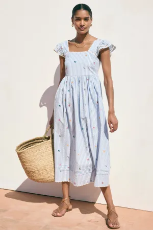 Marisol Dress - Blue Stripe Embroidered