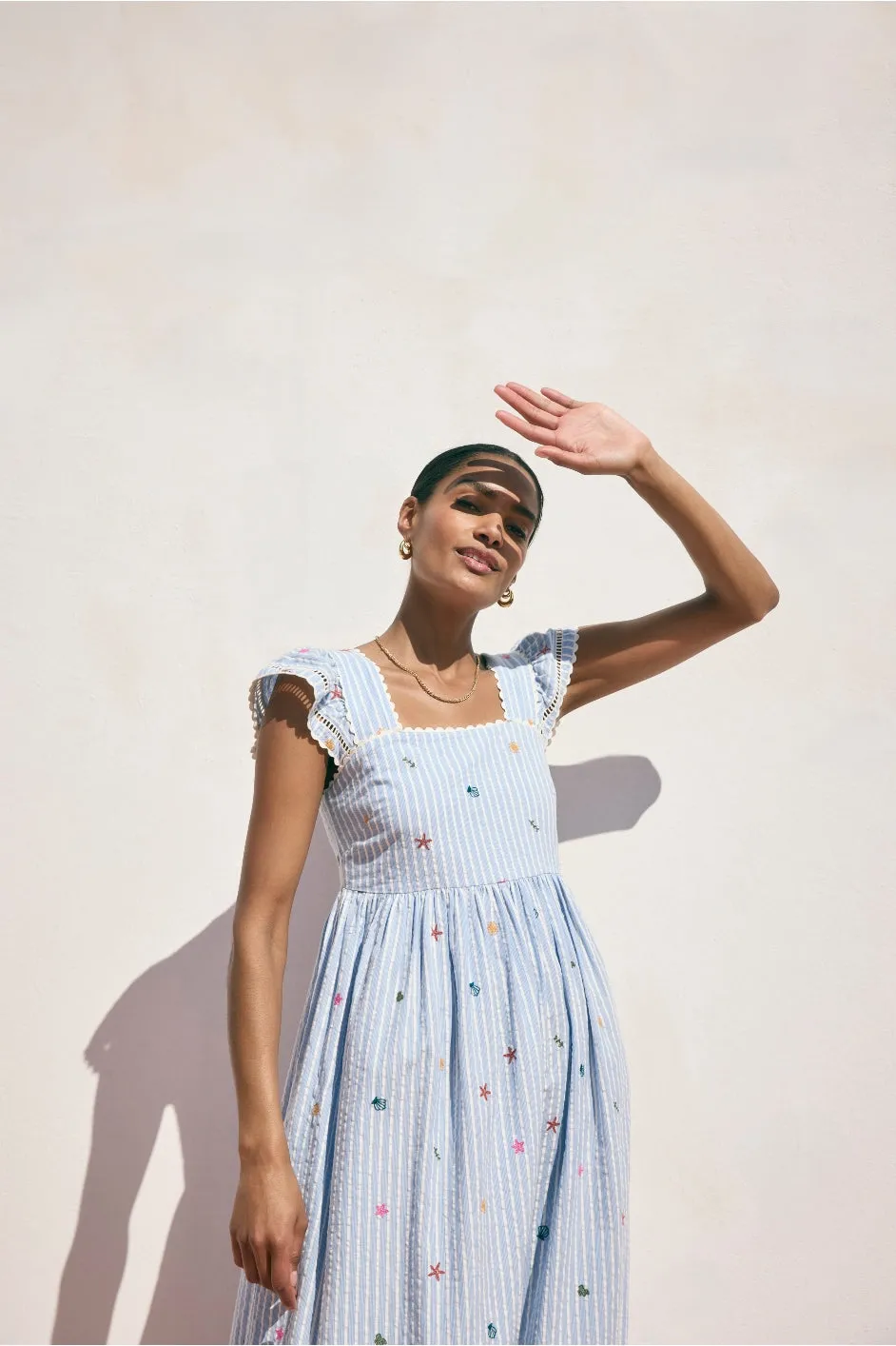 Marisol Dress - Blue Stripe Embroidered