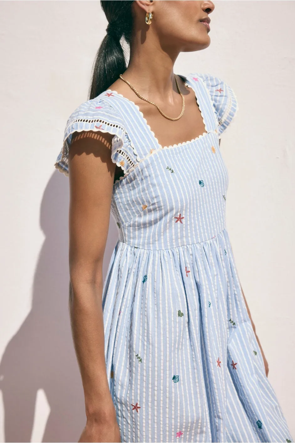 Marisol Dress - Blue Stripe Embroidered