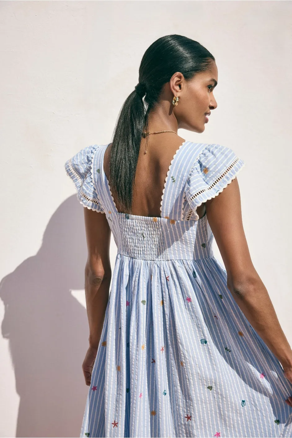 Marisol Dress - Blue Stripe Embroidered