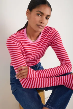 Marnie Long Sleeve Jersey Top - Pink/Red Micro Stripe
