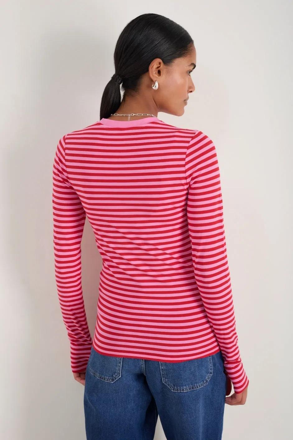 Marnie Long Sleeve Jersey Top - Pink/Red Micro Stripe