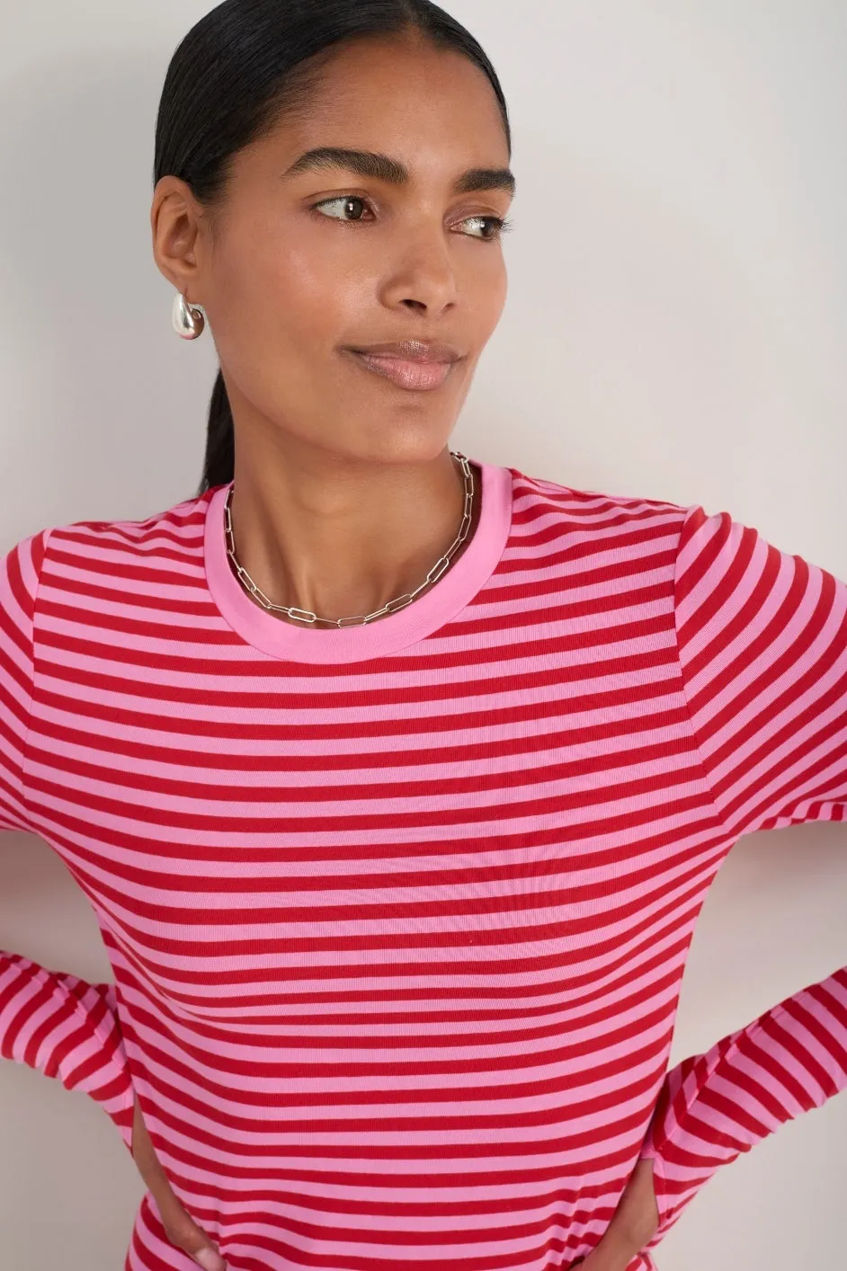Marnie Long Sleeve Jersey Top - Pink/Red Micro Stripe
