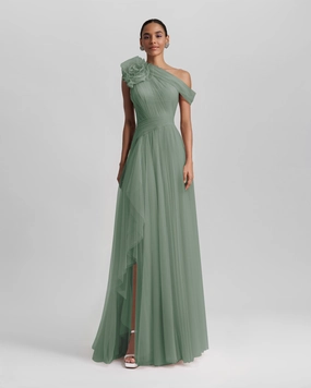 Mint Long Dress With Flower Design