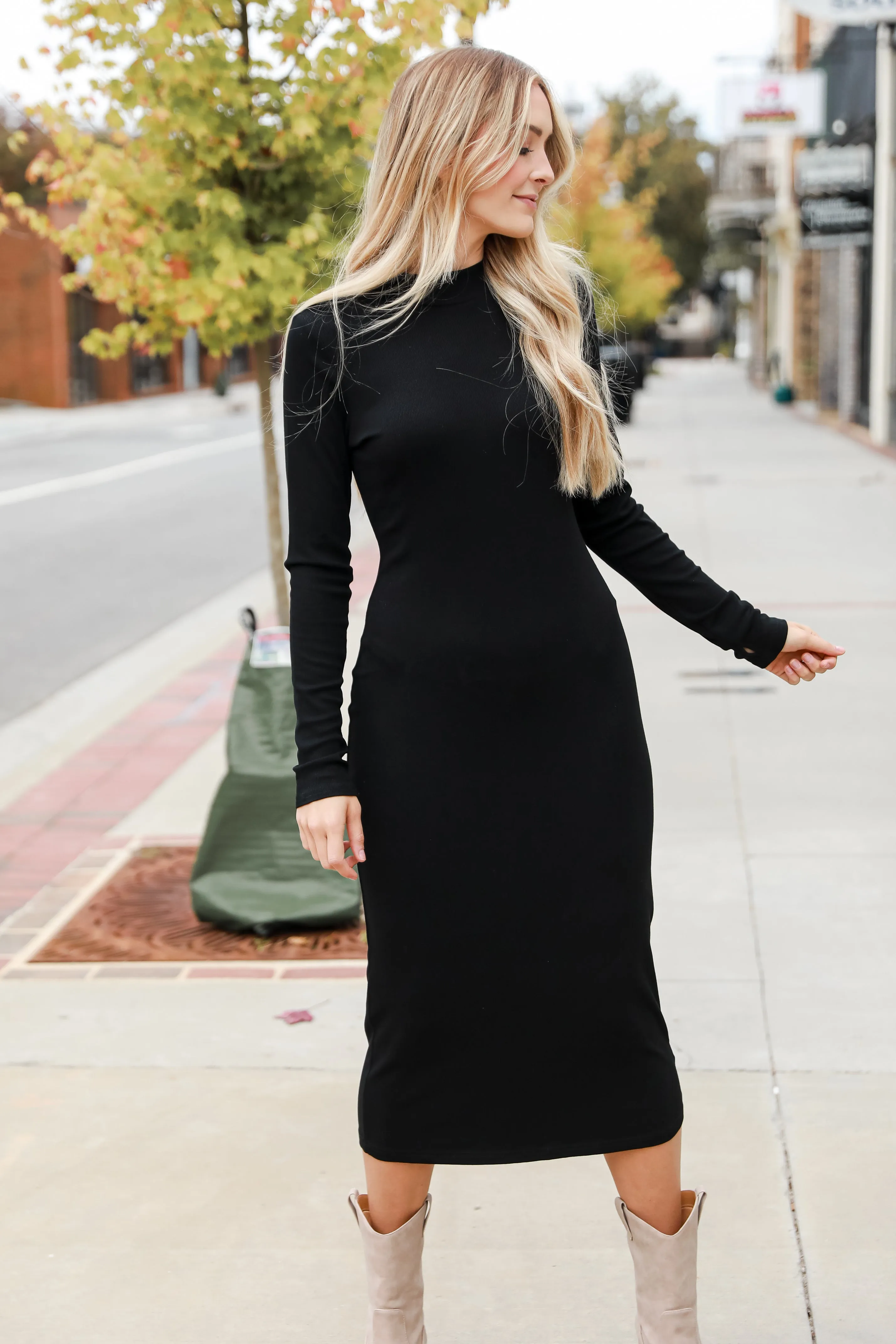 Night Out Attitude Black Ribbed Knit Midi Dress