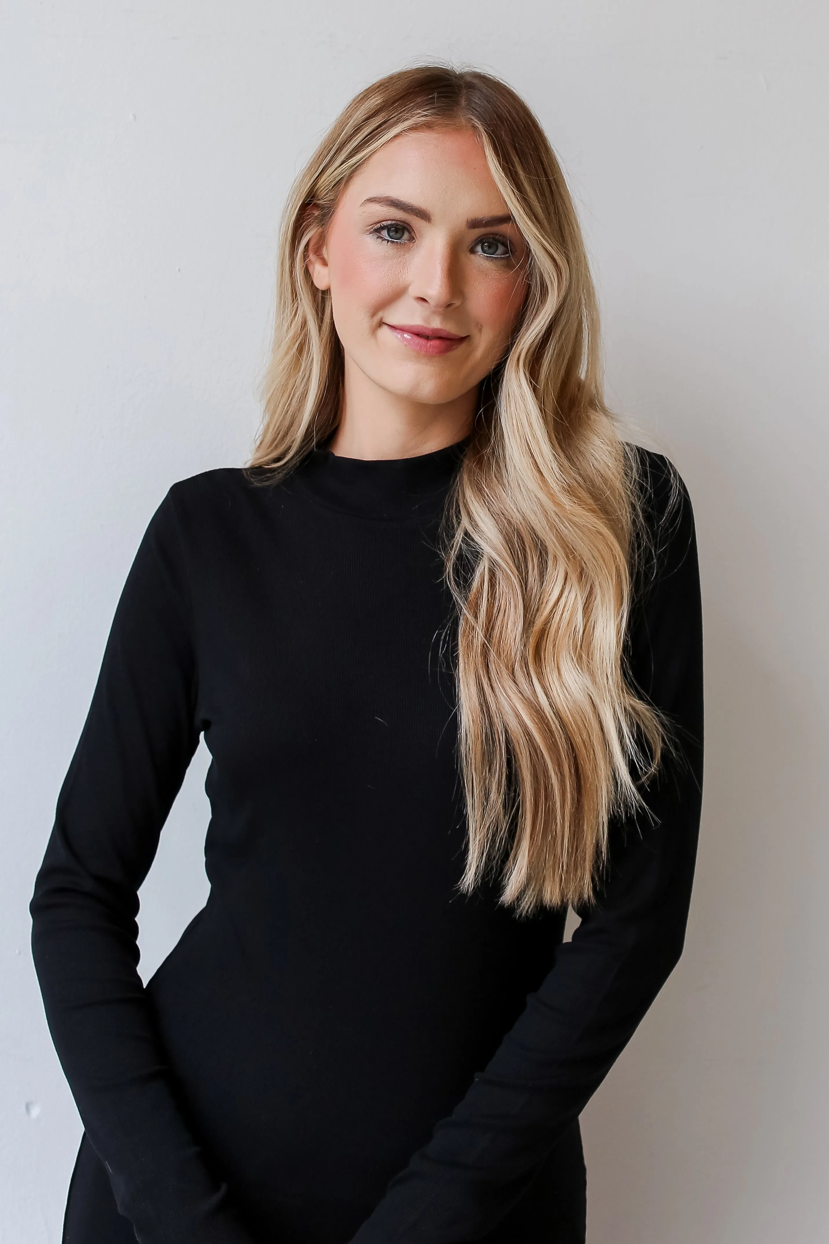 Night Out Attitude Black Ribbed Knit Midi Dress