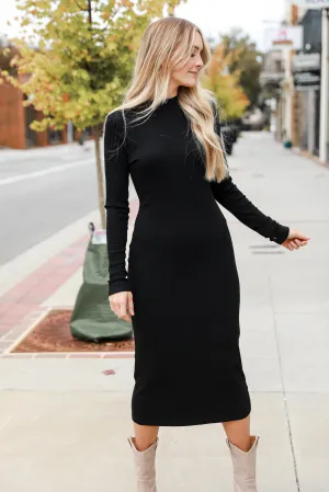 Night Out Attitude Black Ribbed Knit Midi Dress