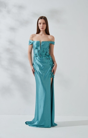 Off the Shoulder High Side Split Lace-Up Back Evening Dress
