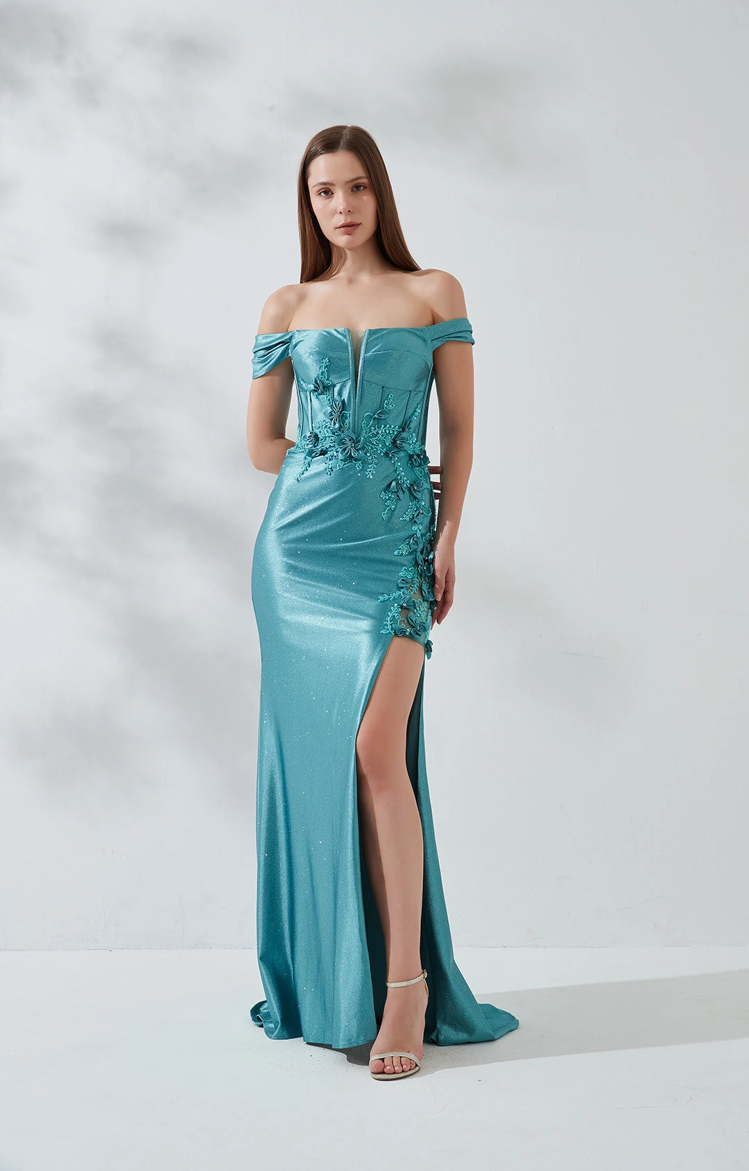Off the Shoulder High Side Split Lace-Up Back Evening Dress