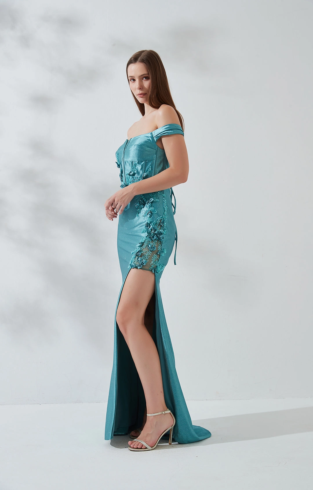Off the Shoulder High Side Split Lace-Up Back Evening Dress