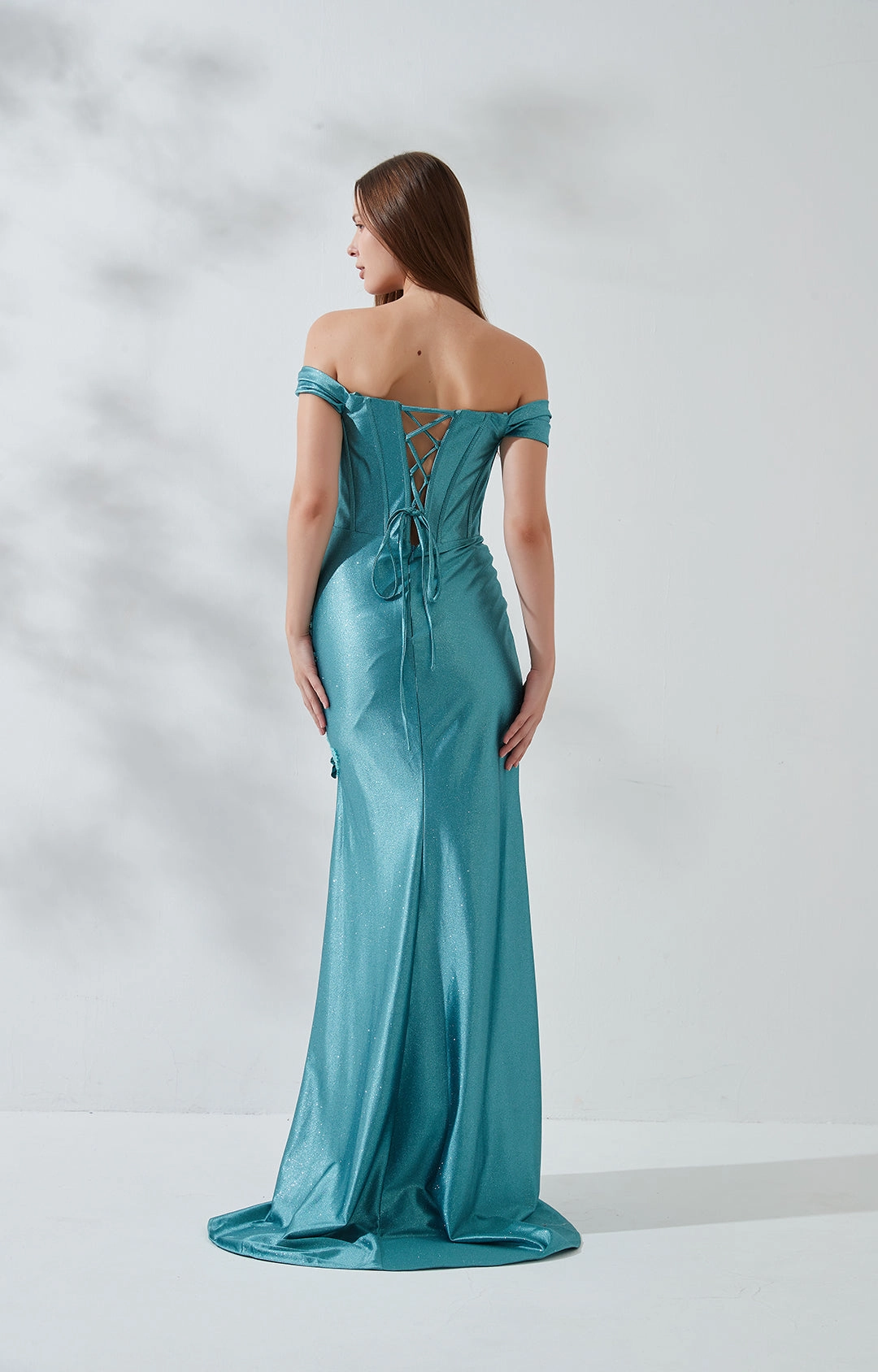 Off the Shoulder High Side Split Lace-Up Back Evening Dress