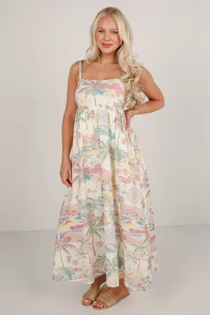 Paradise Awaits Cream Tropical Maxi Dress
