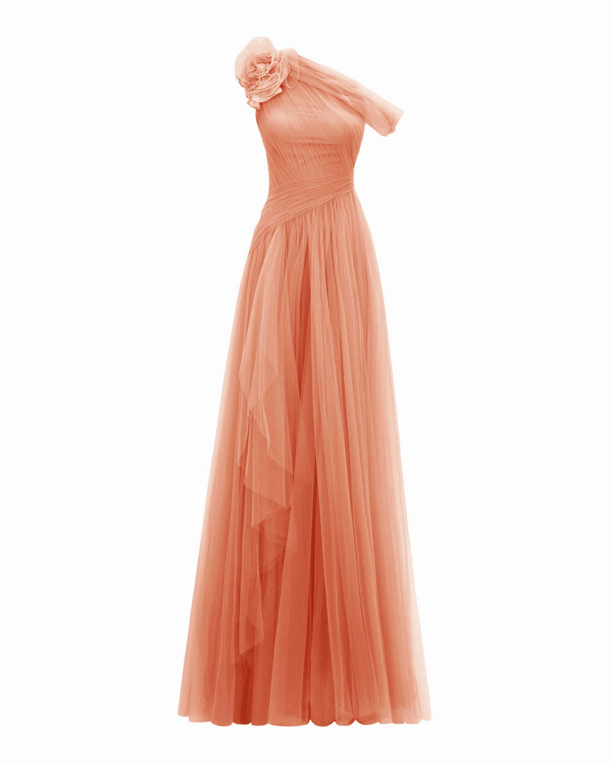 Peach Long Dress With Flower Design