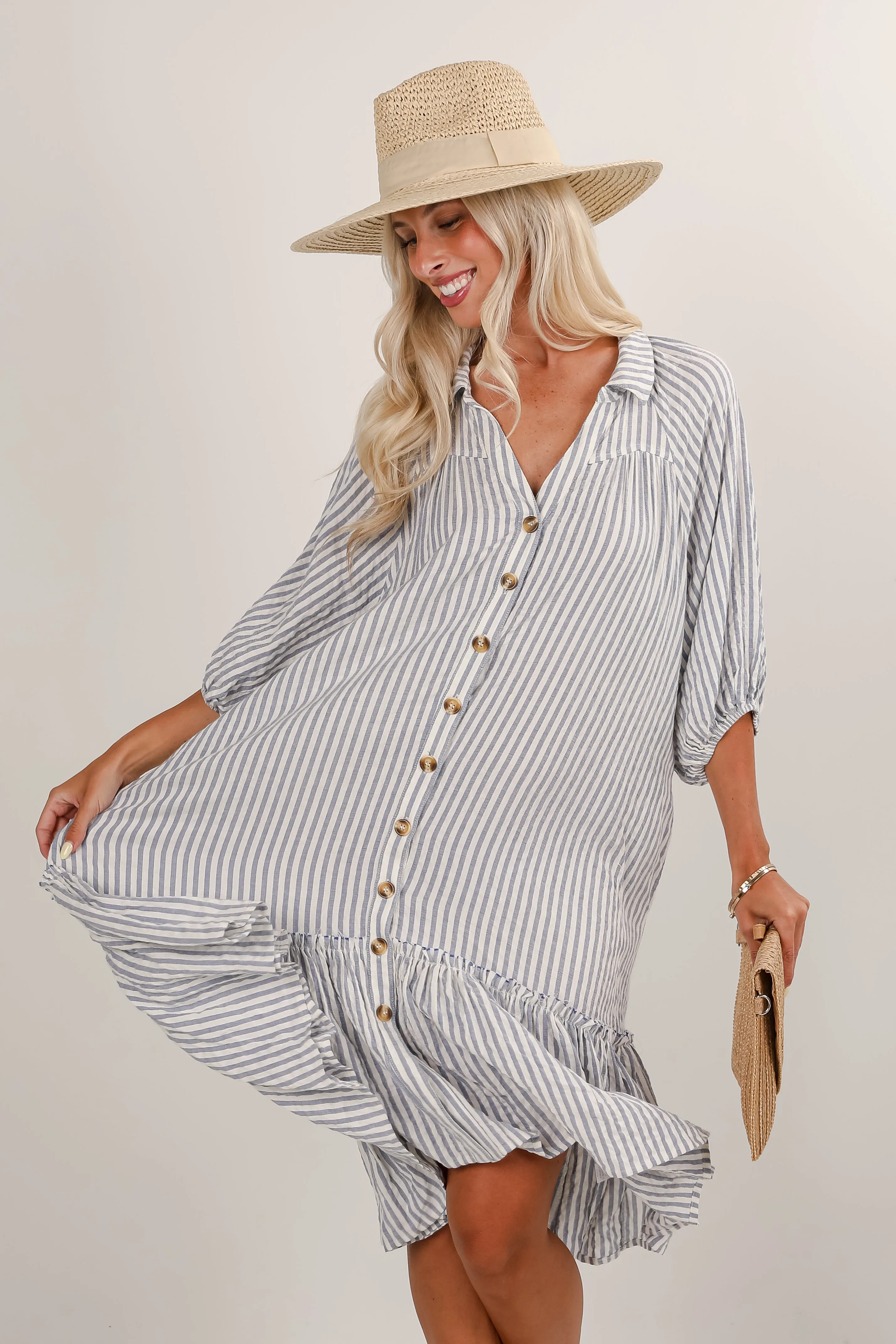 Prettiest Invite Striped Seersucker Midi Dress