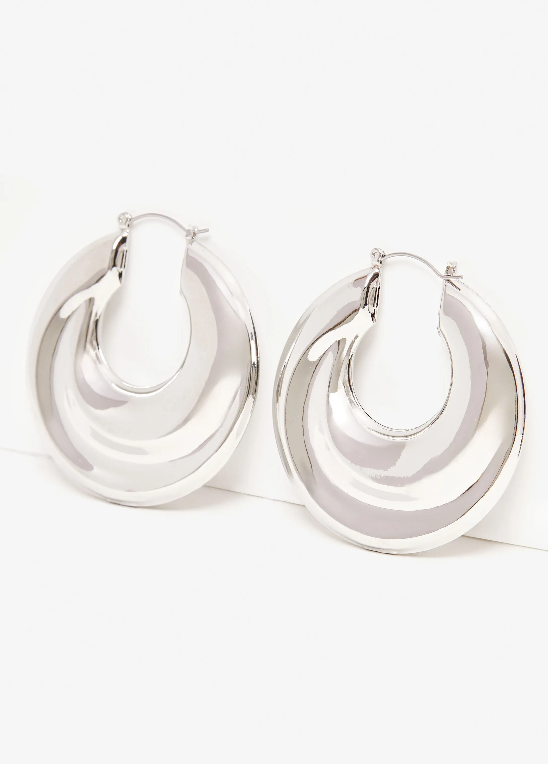 Silver Tone Puff Hoop Earrings