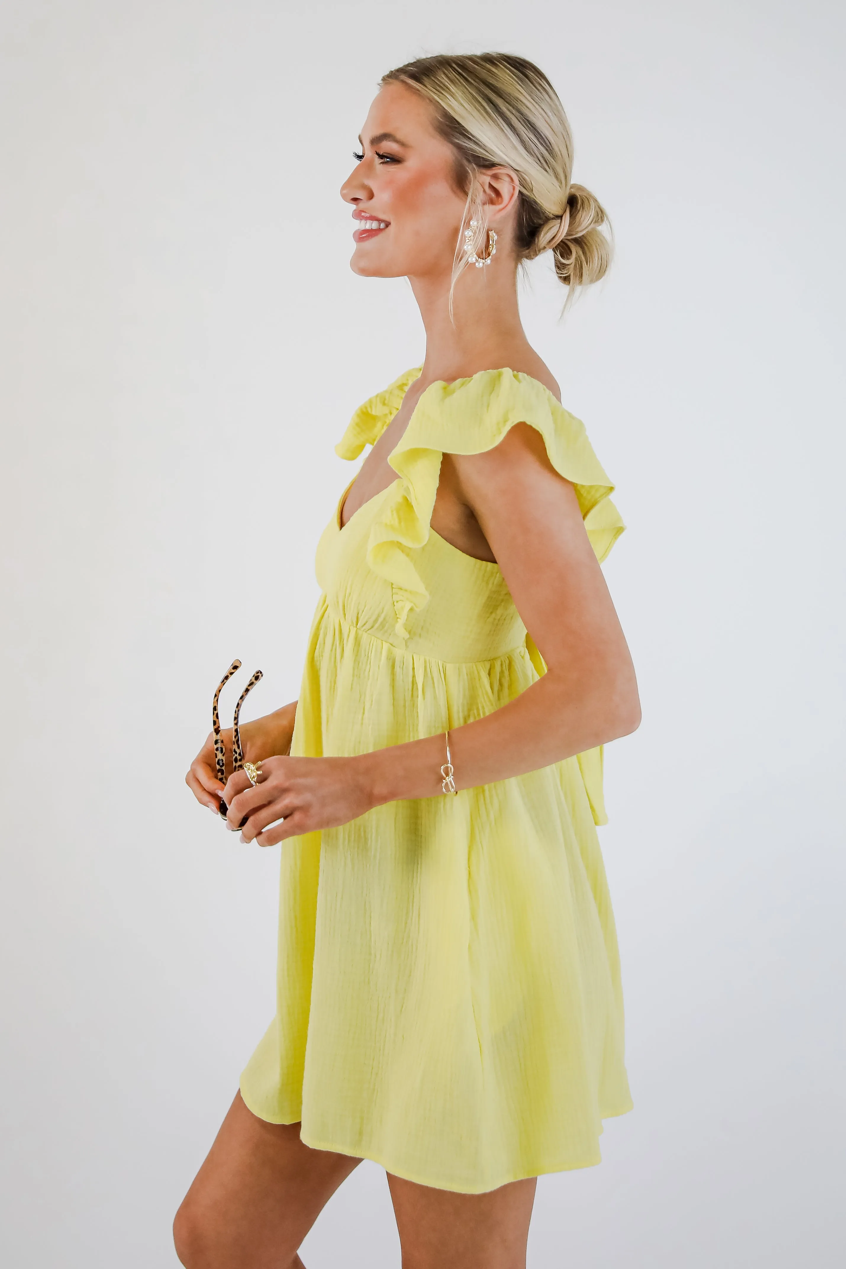 Social Hour Lemon Linen Babydoll Mini Dress