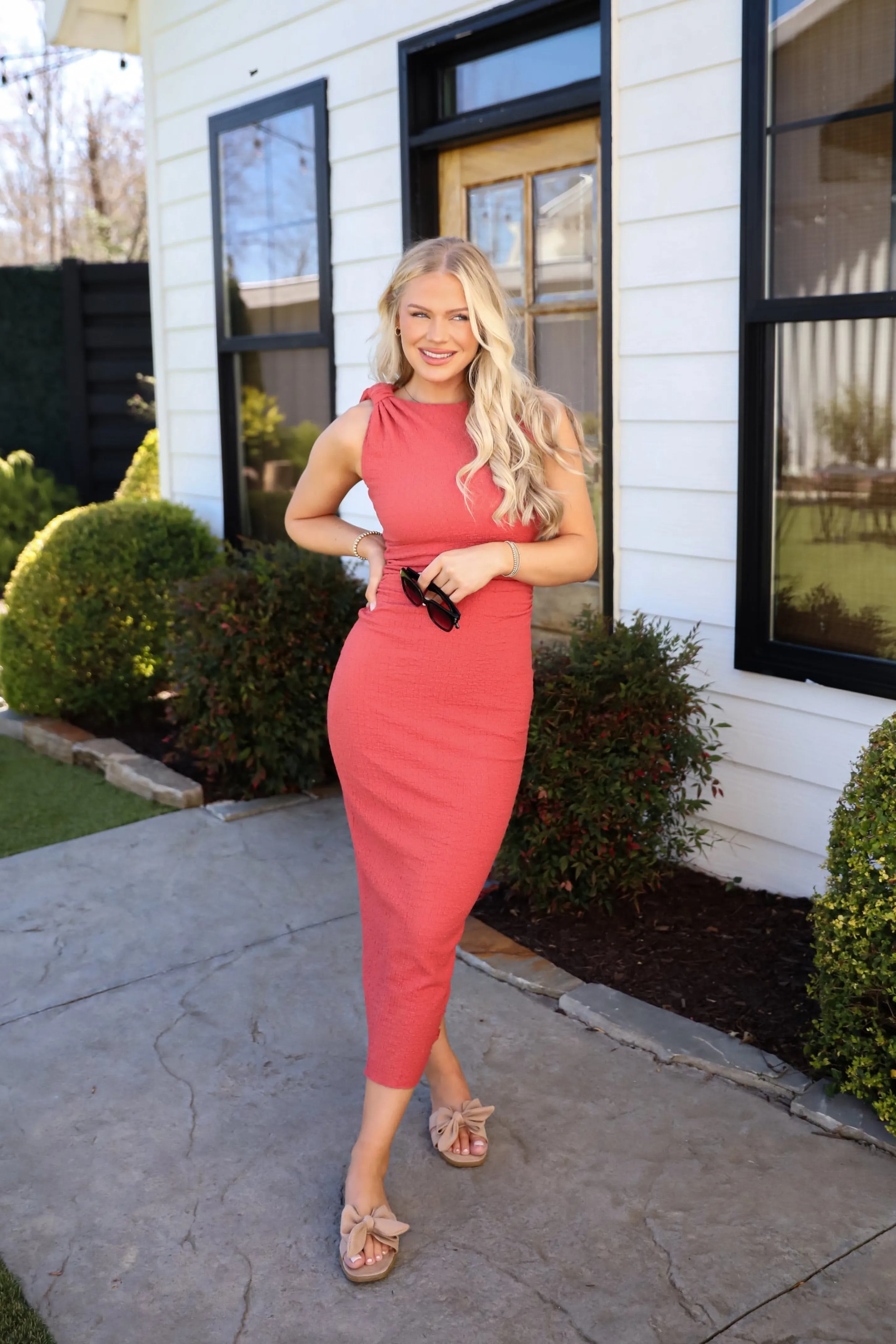 Social Sensation Coral Ruched Maxi Dress