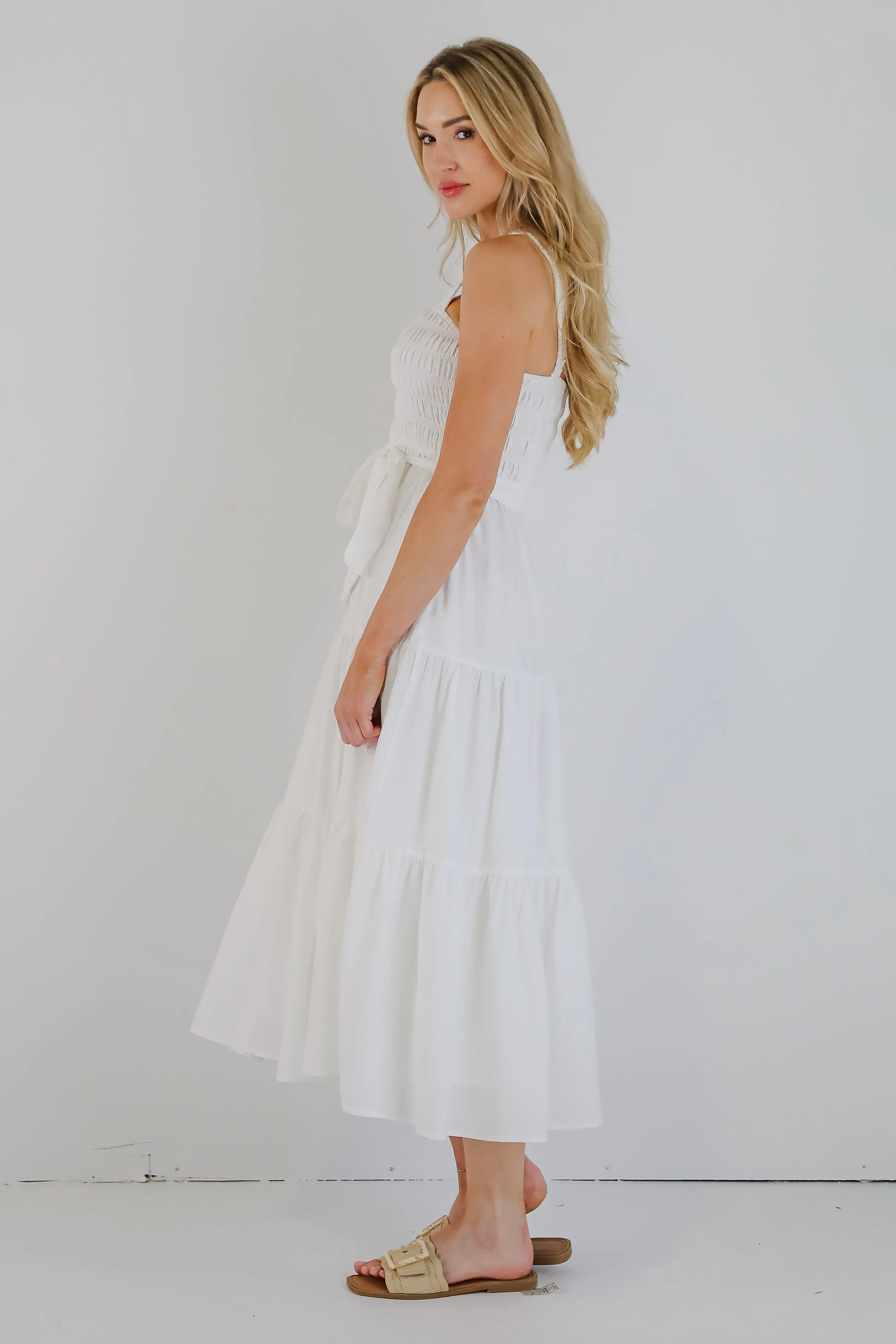 Strong Impressions White Smocked Tiered Maxi Dress