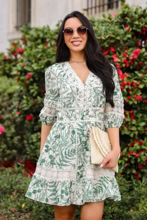 Subtle Sweetness Green Leaf Print Mini Dress