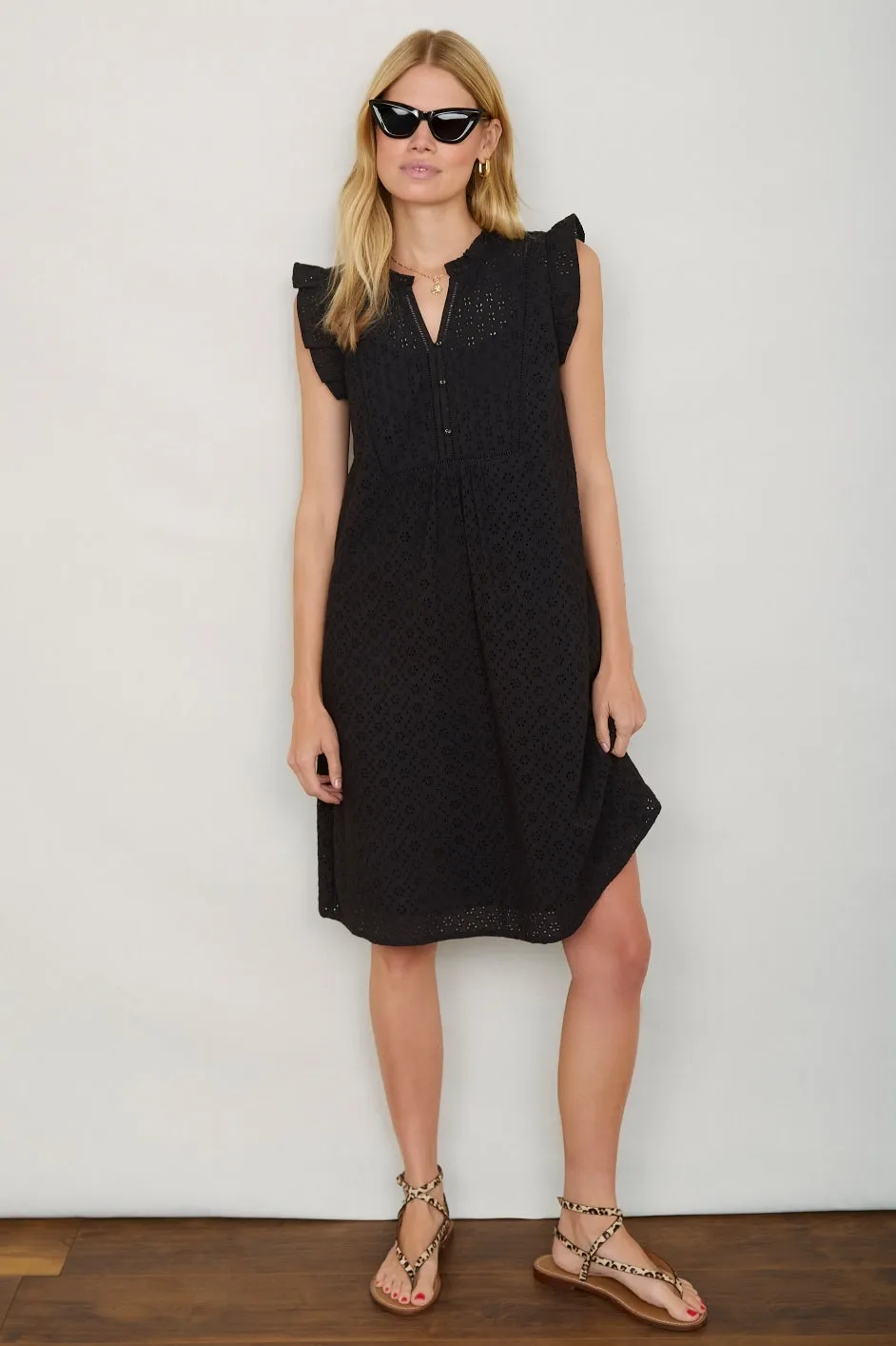 Tabitha Short Broderie Dress - Black